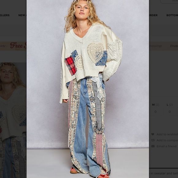 POL “ Luna “ POL V-Neck Sweater in a Twill Mix and Patchwork Detail SR63 - Picture 8 of 8